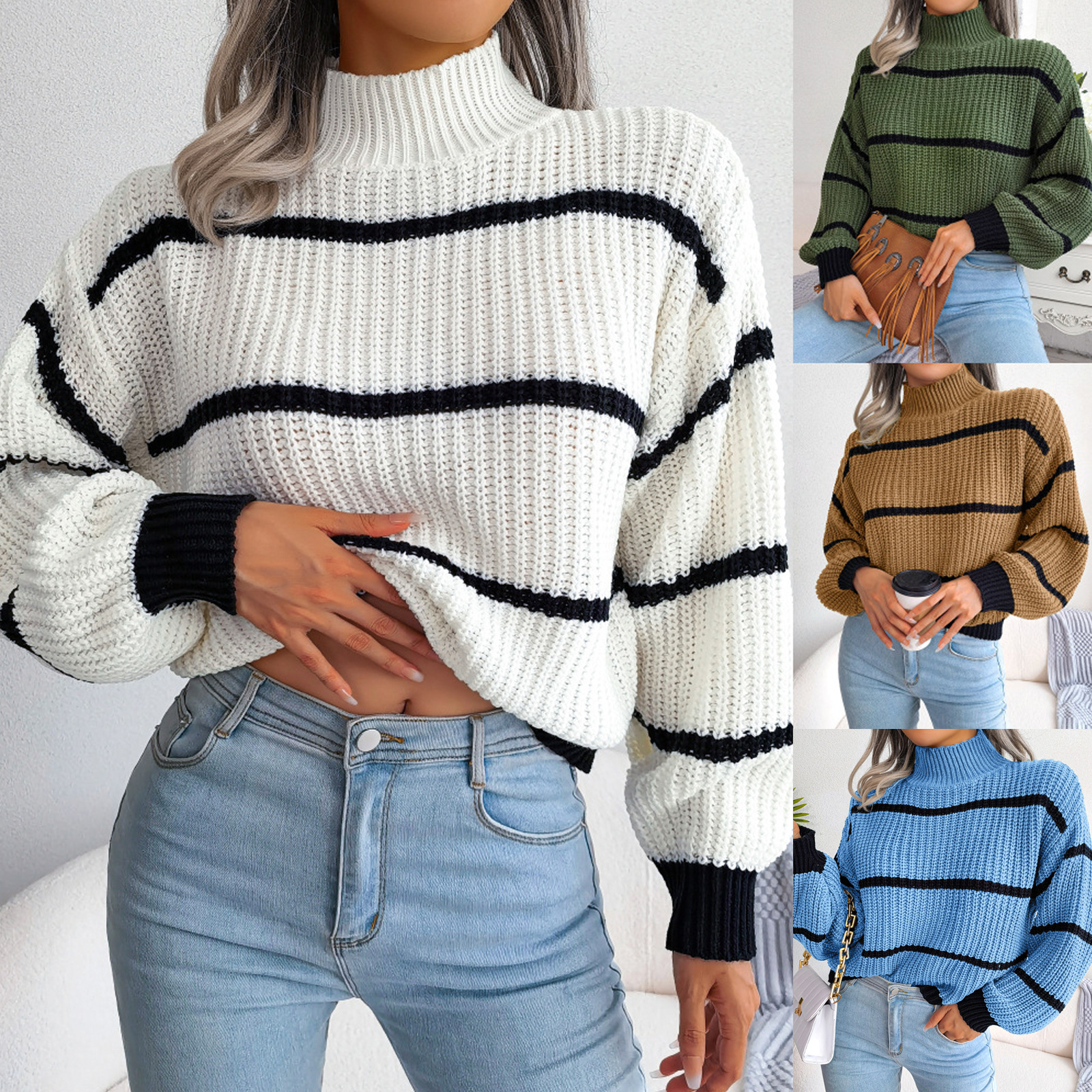 Real Shot of 2025 Autumn and Winter European and American Casual Stripesd Lantern Sleeve Half Turtleneck Knitted Sweater Amazon Cross-Border Women's Clothing