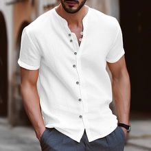 跨境亚马逊ebay热卖夏威夷新款时尚男士复古纽扣棉麻休闲短袖衬衫