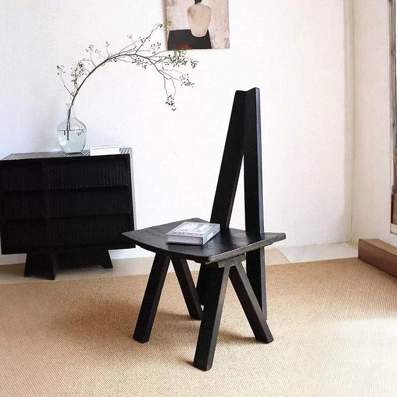 侘寂风是实木休闲椅家用民宿复古实木椅老榆木黑色书房椅子