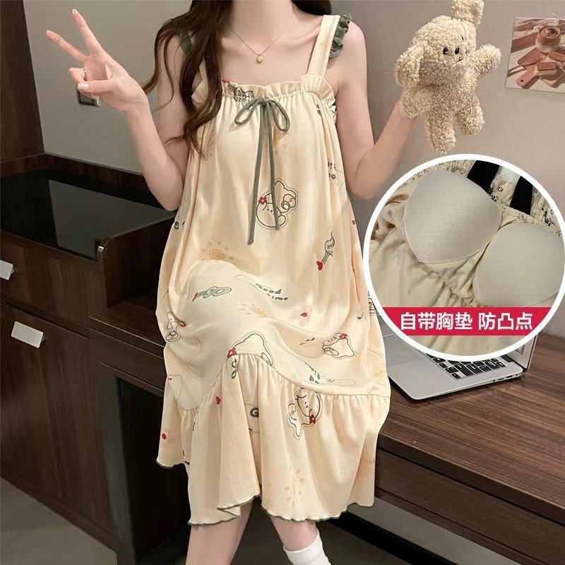 With Chest Pad Sling Nightgown Summer Princess Style Korean Style Cartoon Pajamas Summer Sweet Sexy Outwear Home Clothes