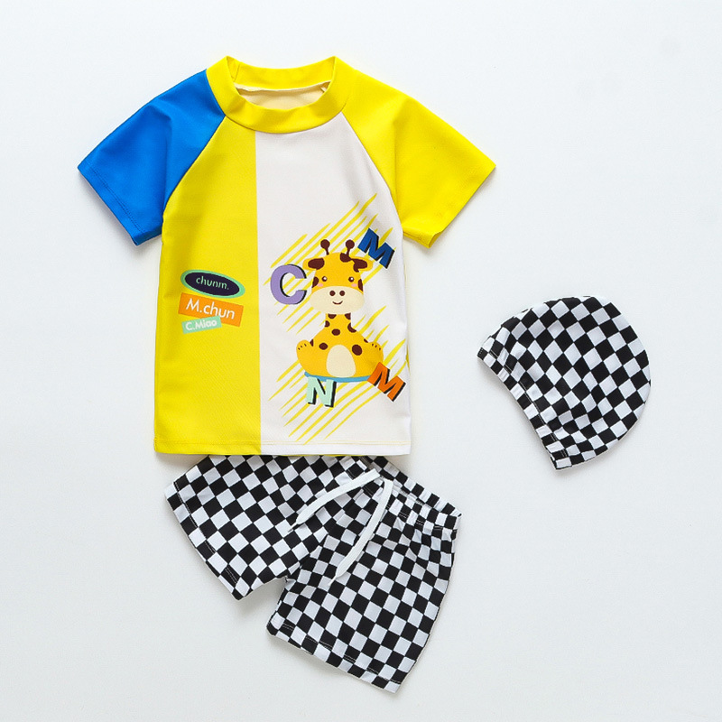 Traje de baño para niños de 2 a 8 años dividido para niños traje de baño de dibujos animados lindo conjunto de dos piezas con gorro de natación traje de baño