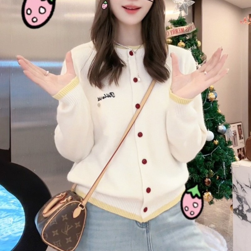 韩版高级灰拼接圆领针织开衫女早秋新款撞色氛围感刺绣毛衣外套|undefined