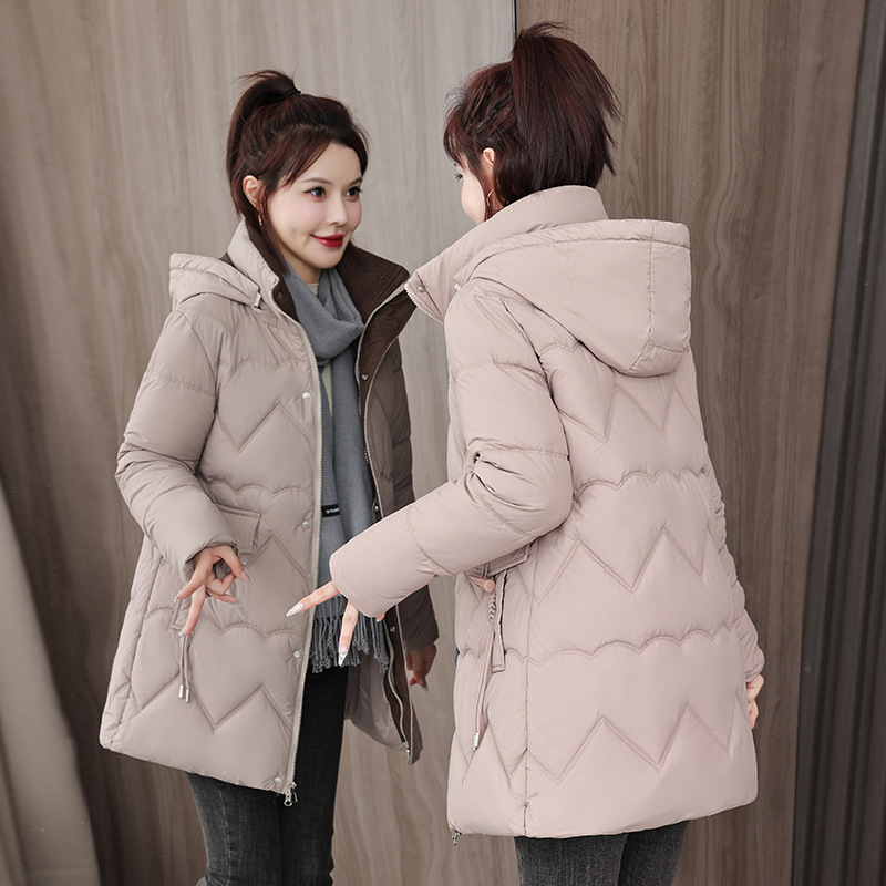 Nuevo abrigo de algodón de pluma para mujeres largo estilo coreano suelto abrigo de algodón delgado chaqueta de algodón encapuchada de tamaño grande abrigo grueso invierno