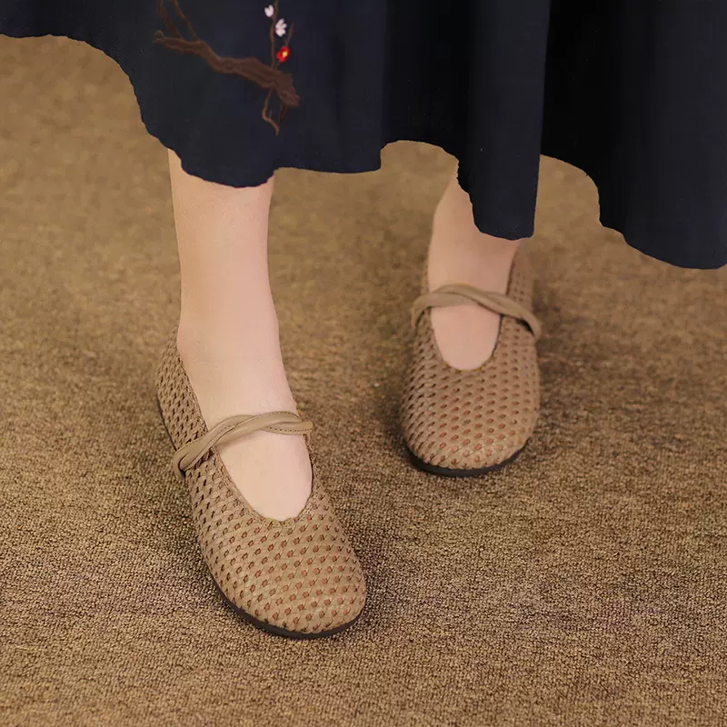 牛皮手工编织单鞋女镂空透气妈妈鞋平底软底洞洞凉鞋百搭真皮女鞋