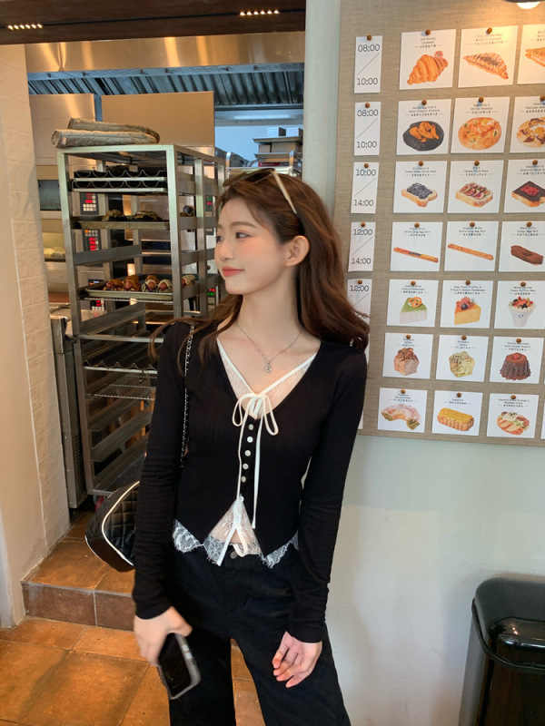 切糕自制小个子初秋新款上衣女设计感黑色拼接长袖T恤内搭针织衫|undefined
