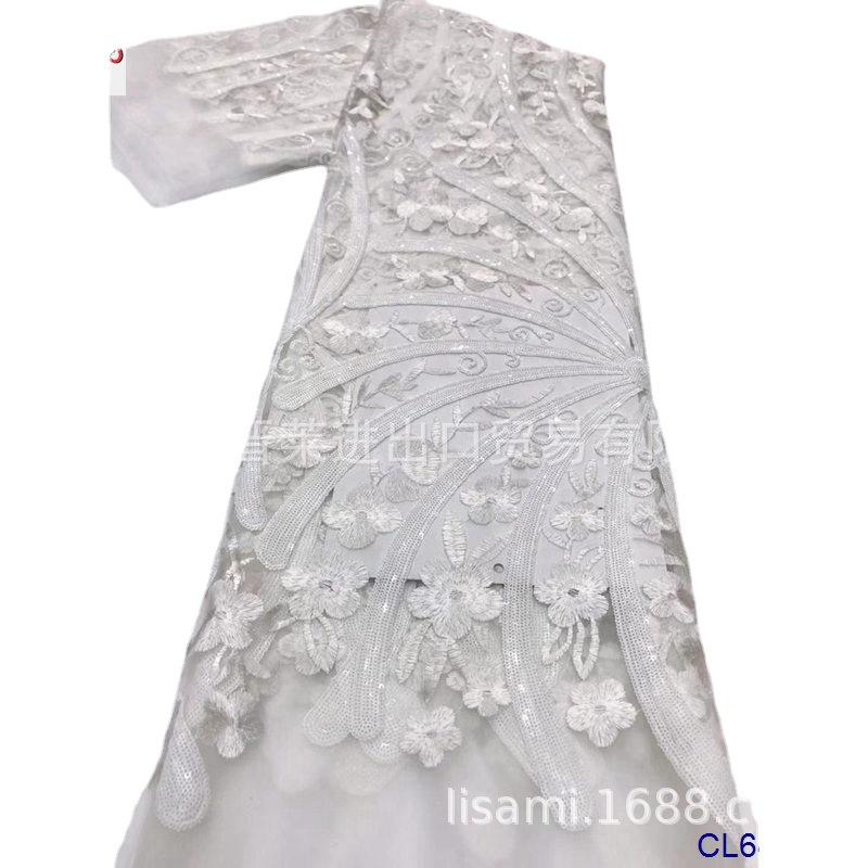 定位亮片绣无弹透明网纱蕾丝 欧美拖尾婚纱礼服复合大花闪亮面料
