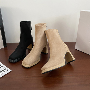 in stock Platform High Heels Autumn and Winter 2024 New Suede Short Boots Thick Heel Thin Boots Black Square Toe Short Boots for Women