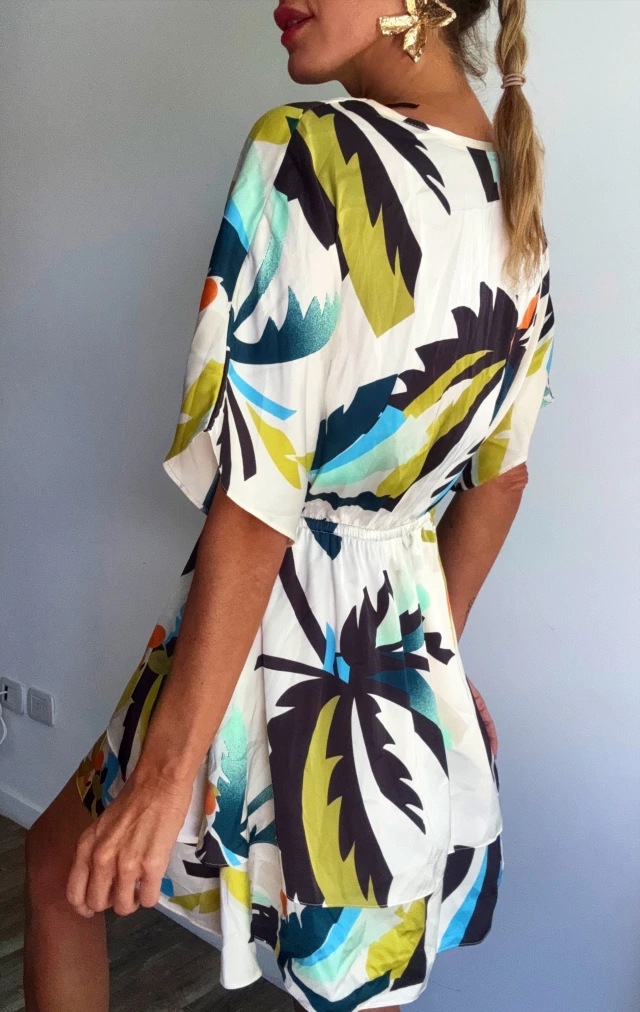 Abstract Print V-Neck Midi Dress With Tie Waist, Flowy Short Sleeve Summer Dress For Vacation & Casual Outings_ecoleips.com