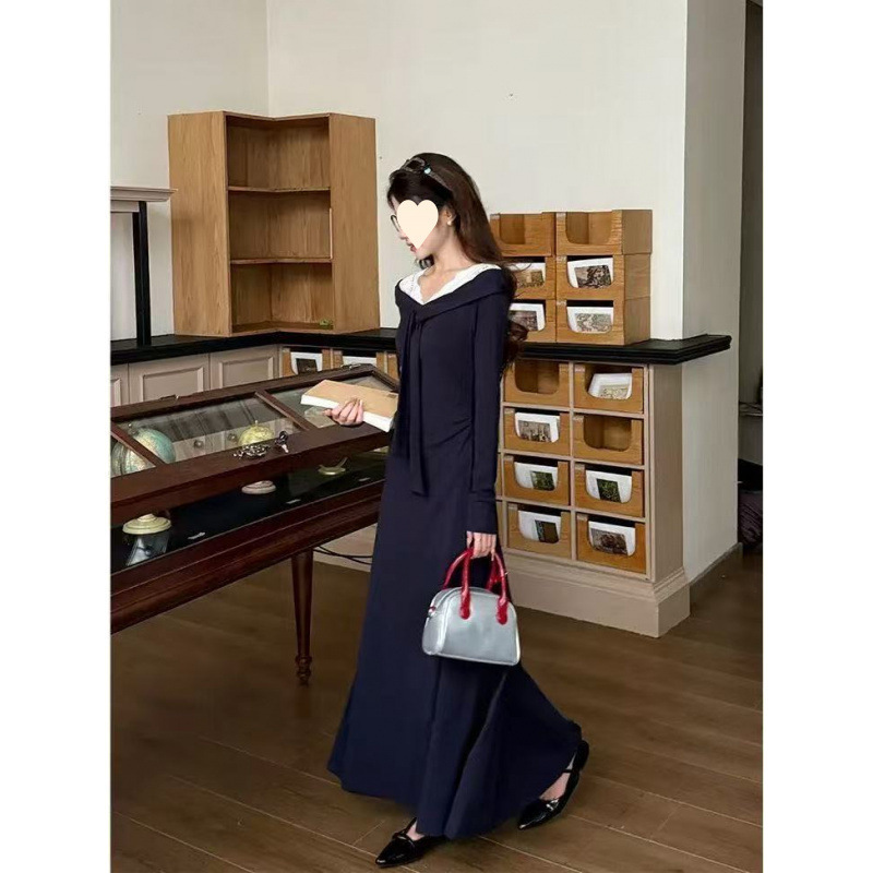 韩系藏青色蕾丝v领长袖连衣裙女2025新款秋季法式收腰长裙|undefined
