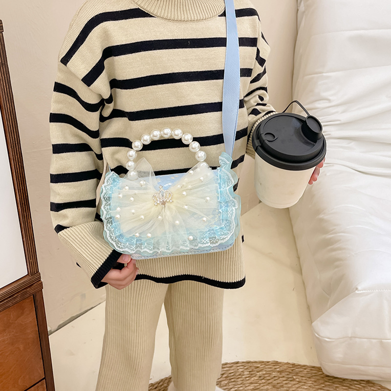 Bolsa de niños de estilo extranjero bolso de perlas bolso de hombro de encaje arco lindos princesa mochila