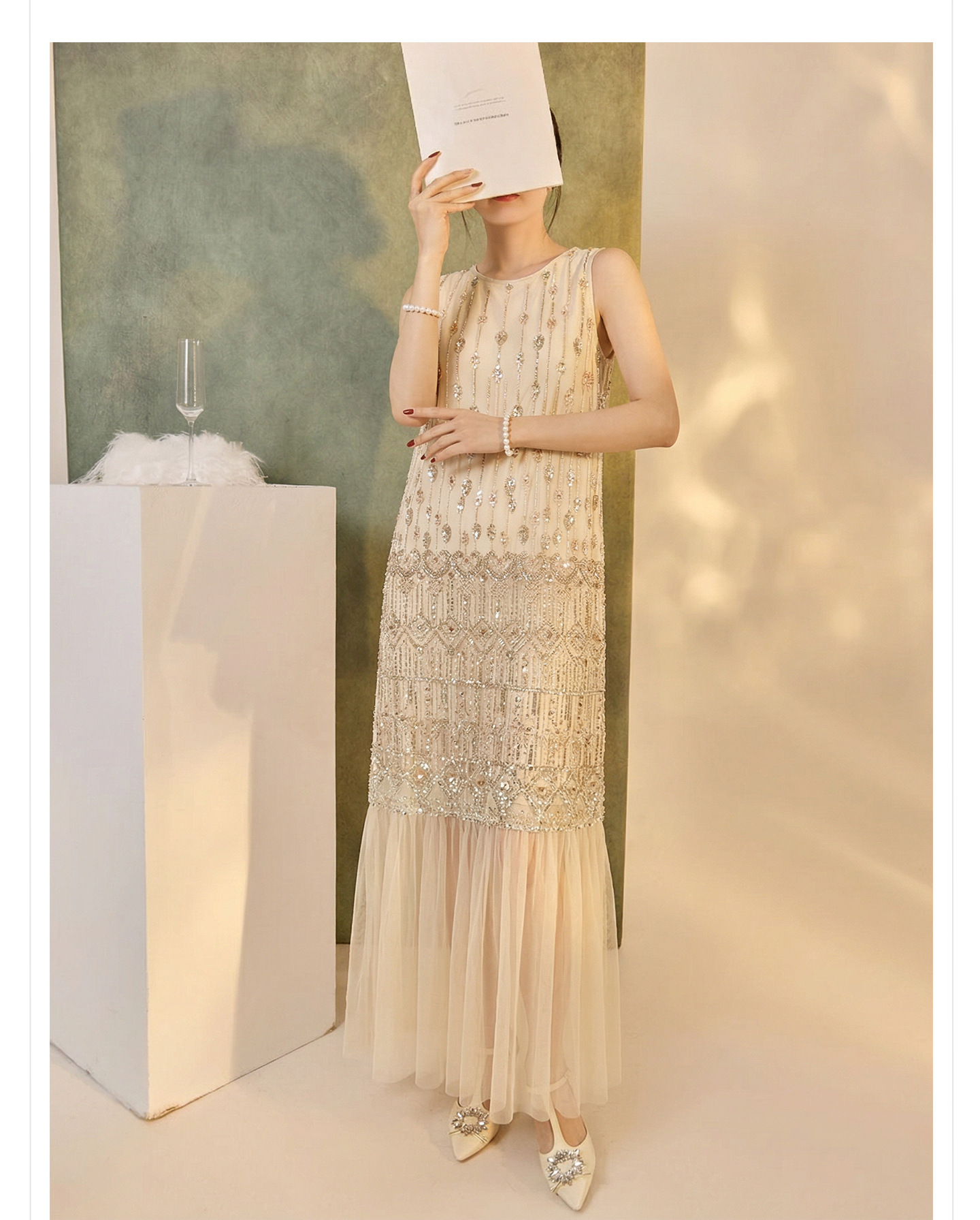 Đầm suông nữ midi phong cách Guofeng tay không sequin cao cấp — màu trắng ngà chi tiết 7