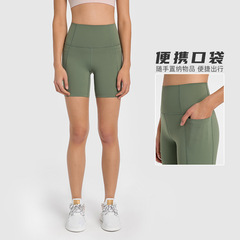 Spring and summer new style stitched side pocket sports quarter pants for women with high waist and hip lift elastic tight fitness yoga shorts