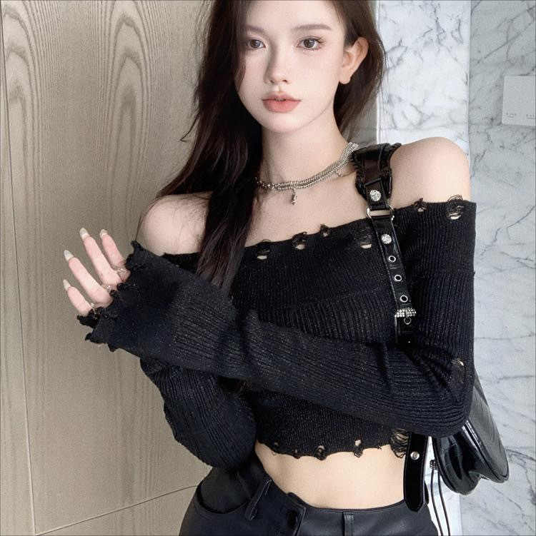 2023 Early Autumn New Hot Girl Pure Color Thin Sweater One-Shoulder Ripped Knitted Short Slim Top for Women Trendy 2023 Early Autumn New Hot Girl Pure Color Thin Sweater One-Shoulder Ripped Knitted Short Slim Top for Women Trendy
