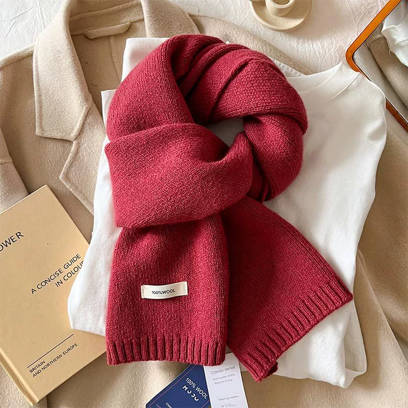 Red small knitted warm scarf, with neck protection