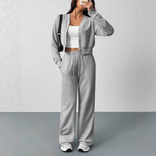 欧美跨境亚马逊秋冬新款女装纯色短款开衫运动裤休闲套装