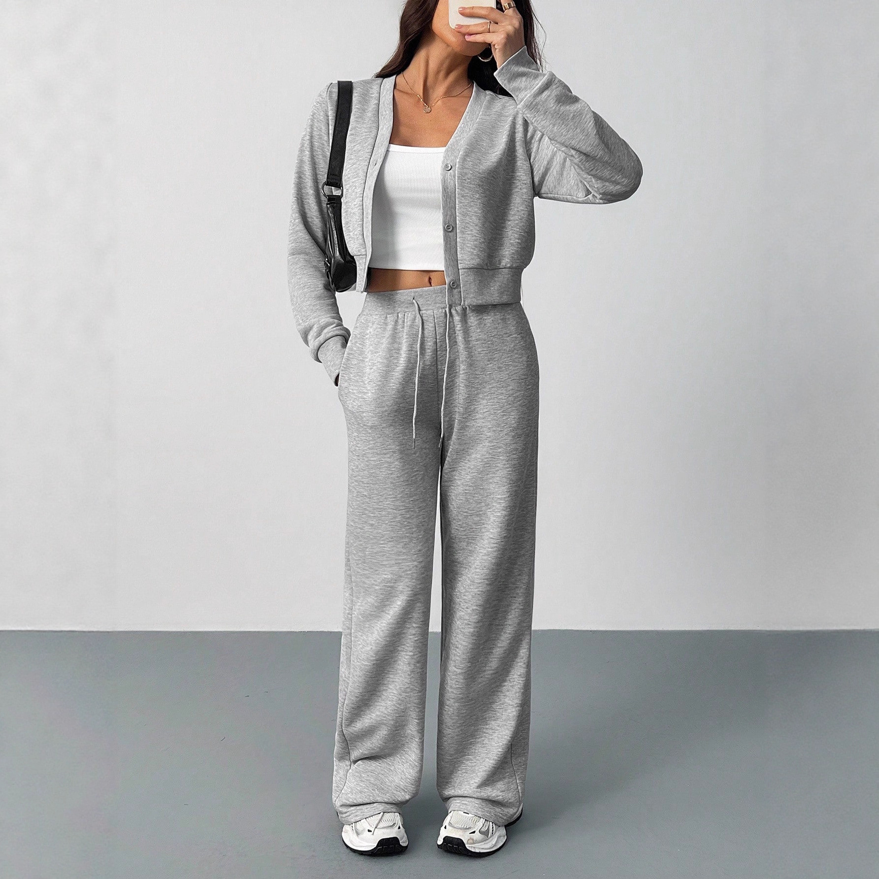 European and American Cross-Border Amazon Autumn and Winter New Women's Solid Color Short Cardigan Sweatpants Casual Suit