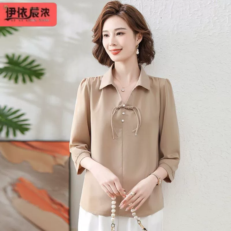 Весной и летом новый топ для мамы с лацканами и рукавами три четверти 2024 года, новая Однотонная футболка с короткими рукавами для женщин среднего и пожилого возраста