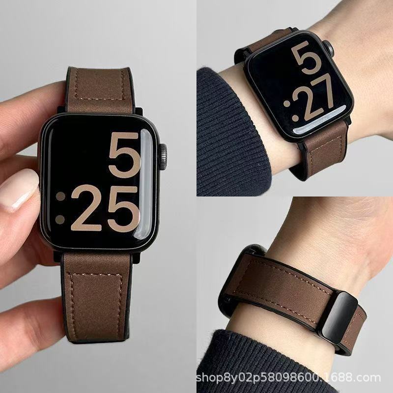 Manufacturer Wholesale Crazy Horse Pattern Suitable for Apple Iwatch11 Huawei Gt6 Silicone Leather Magnetic Buckle Strap Redmi 6