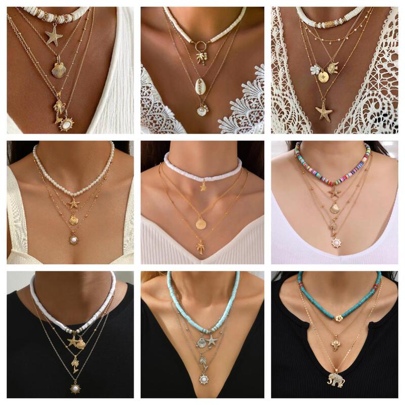 Cross-border European and American personalized soft pottery necklace fashion coconut starfish flower pendant long necklace stacked clavicle chain Cross-border European and American personalized soft pottery necklace fashion coconut starfish flower pendant long necklace stacked clavicle chain