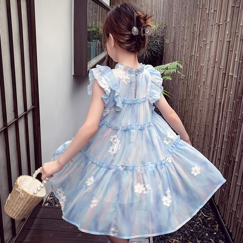 Girls' vest skirt summer 2025 new style children's floral chiffon princess skirt girl's ruffle sleeve dress