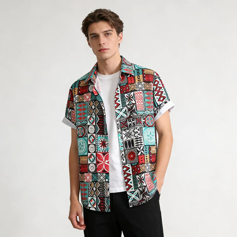 2023 New Summer Men's Shirts Ethnic Style Men's Retro Pattern Digital Print Short-Sleeved Shirts