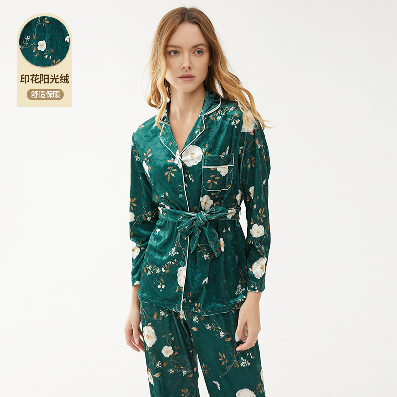 2022 new pattern sexy Jinsirong pajamas Long sleeve trousers Two suit Flower printing Autumn and winter Home Furnishings