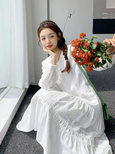Spring and Autumn French-style first love retro doll collar white long dress, pure and sweet temperament women's dress