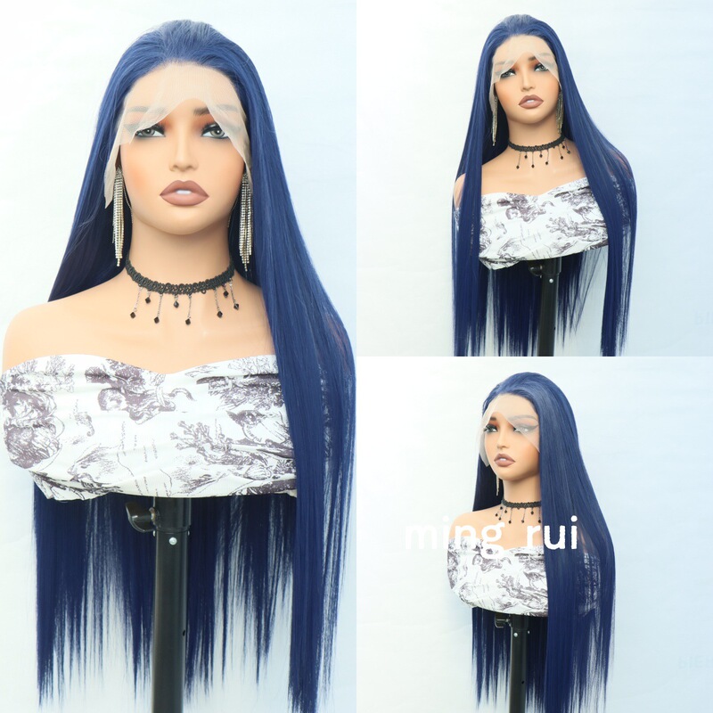 13*4 Front Lace Synthetic Fiber Wig, Brown Long Straight Hair, Direct Sale from Manufacturer, Front Lace Wig, Dark Blue in Stock