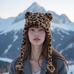 可爱小豹纹毛绒帽子女秋冬季加厚保暖护可爱耳雷锋帽包头帽卡通