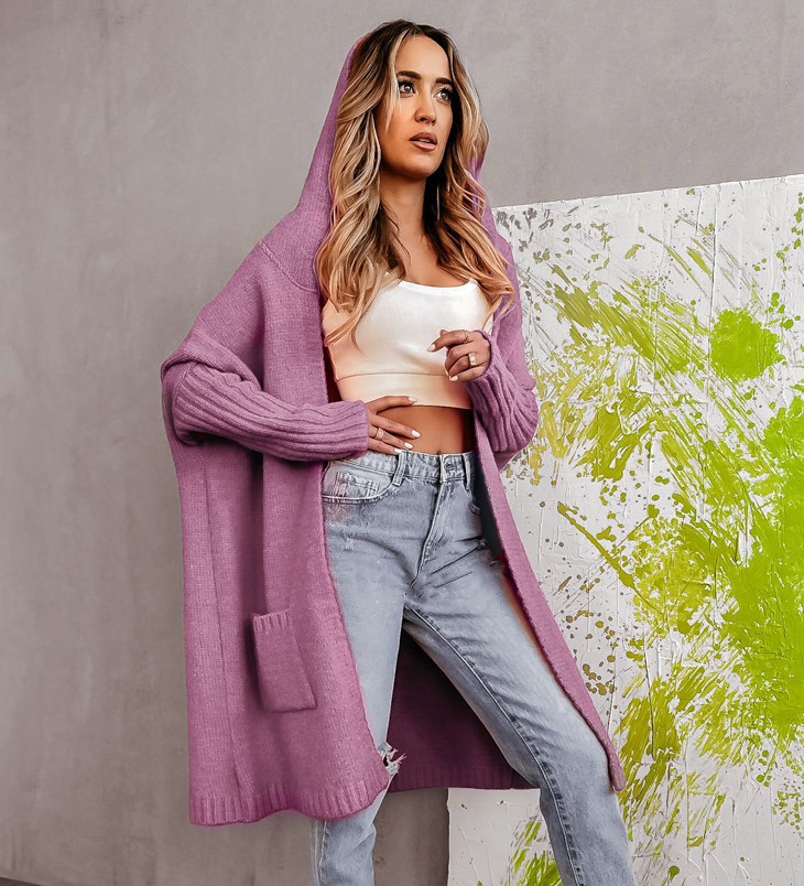 Novo suéter de malha feminino outono e inverno 2024, cardigan TikLook solto, comprimento médio, jaqueta com capuz_voghion.com