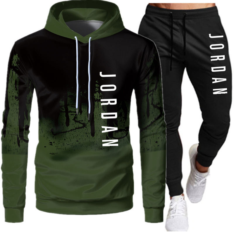 2023 men's full set of European and American cross print hooded men's and women's plush casual hoodie set for men