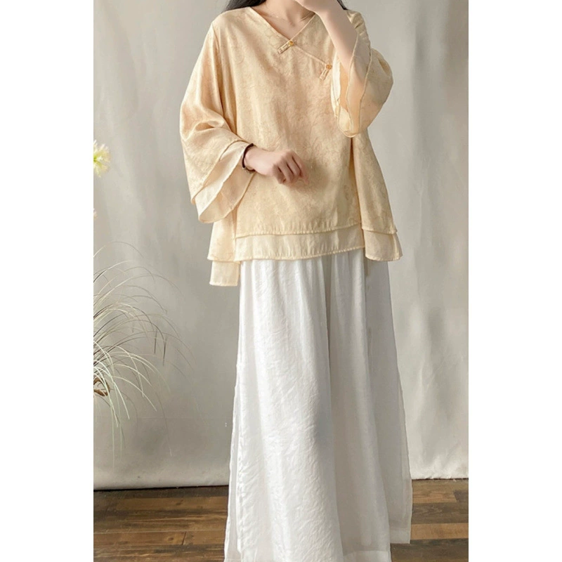 Летний улучшенный чайный костюм Hanfu Zen, комплект из двух предметов с косой планкой, двухслойный топ большого размера и белые широкие брюки, комплект из двух предметов