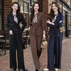 一件代发秋季新款时尚套装女2025丝巾洋气通勤减龄宽松显瘦两件套