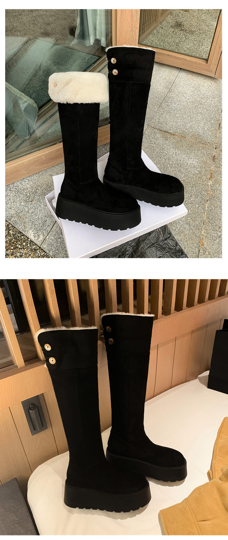 Boot nữ cổ cao lông cừu ấm áp đế dày tăng chiều cao — màu đen chi tiết 14