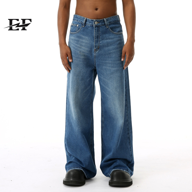 Ef Jeans |   American High Street Retro Distressed Wide Leg Pants Floor-Length Jeans Trendy Straight Leg Loose Dark Blue