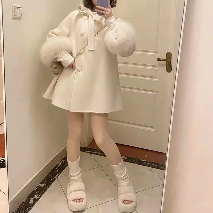 Демисезонное шерстяное пальто с бантом, милый пиджак, oversize, увеличенная толщина