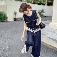 実写2025夏の新型ファッションスーツの女性デザイン感レースはデニムの馬甲のワイドパンツの2つのセットをつなぎ合わせます。