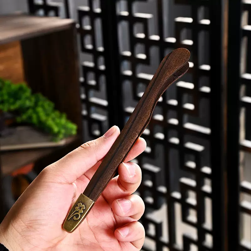 茶夹镊子黑檀实木泡茶叶茶杯茶夹功夫茶具配件防滑升级金属头