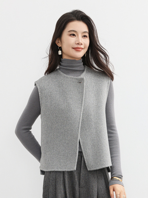 通勤灰色斜门襟圆领羊毛马甲女2025春秋季新款时尚洋气呢子坎肩女|undefined