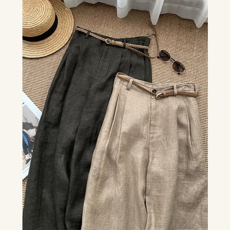 High Waisted Slimming Khaki Linen Wide Leg Pants For Women Trendy Relaxed Straight Leg Casual Trousers_ecoleips.com