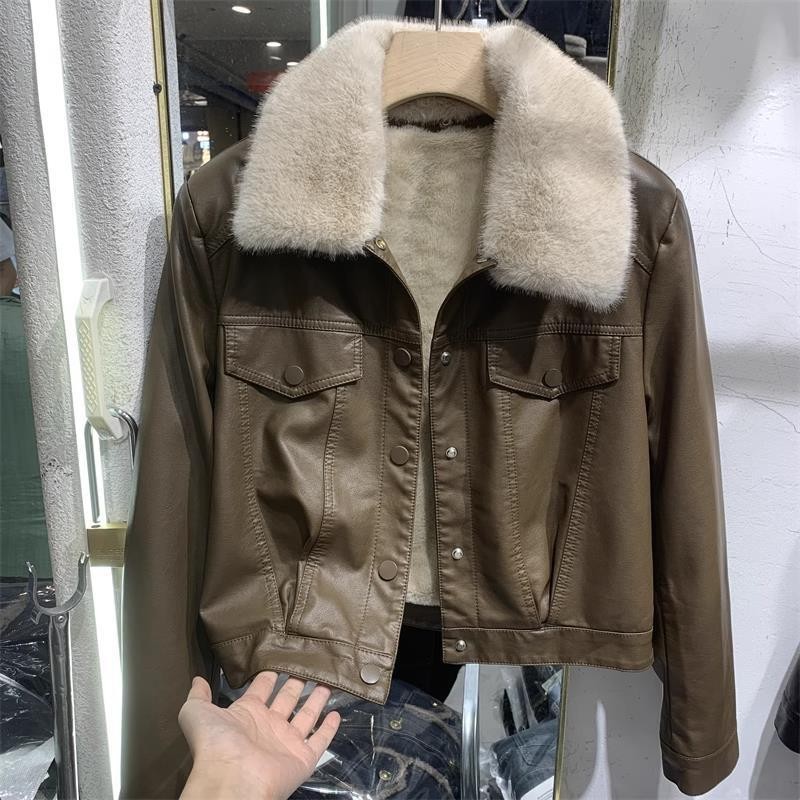 Women's Clothing Plush Leather Jacket, Women's Fur Collar Short Jacket, Pu Leather Motorcycle Suit_voghion.com