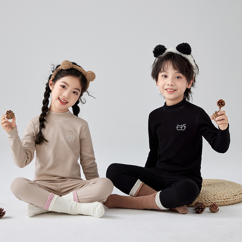 어린이 가을과 겨울 따뜻한 세트 십대 중간 칼라 스크럽베이스 셔츠 게으른 고양이 인쇄 홈 착용 뼈 적합