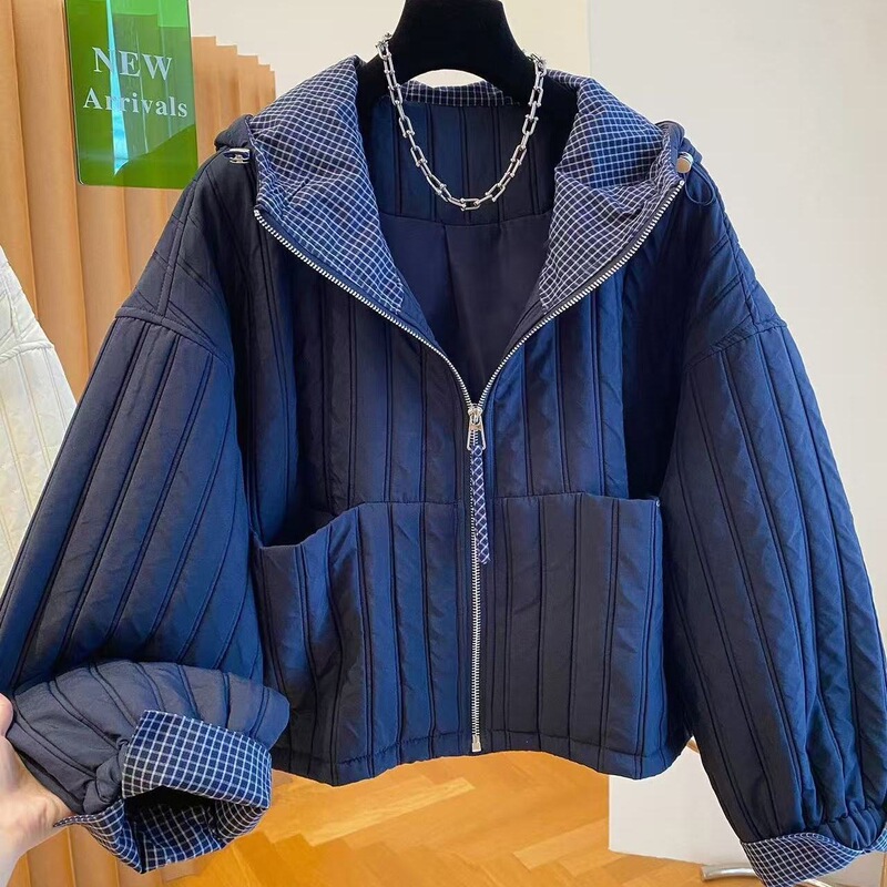 Hooded Quilted Short Jacket for Women, Plaid Patchwork, Double-Layer Cotton Jacket, New Autumn Style, Lightweight Cotton Coat, Thin Cotton Clothing
