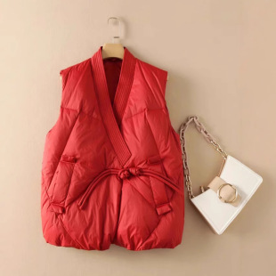 Autumn and Winter New Artistic Retro Buckle Short Down Cotton Vest Loose Slimming Cross V-neck Vest Cotton Clothes