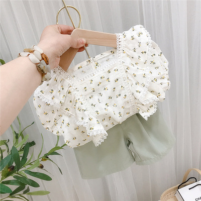 女童新款洋气短裤套装2021网红女宝宝夏装碎花衬衫小女孩碎花套装|ru