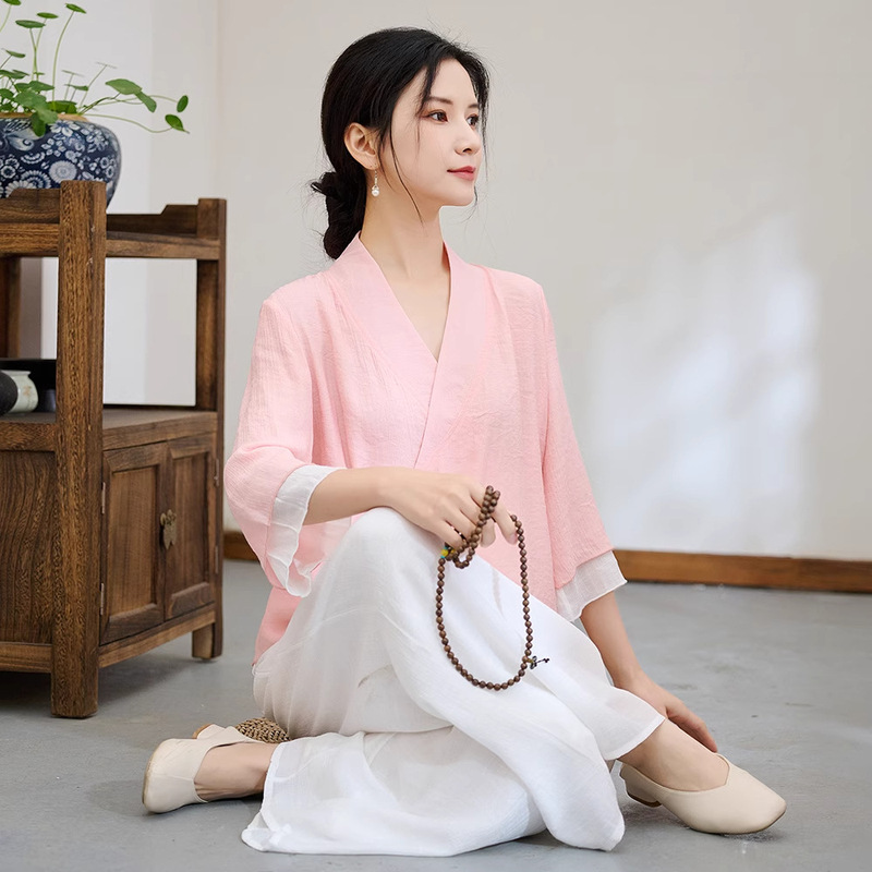 打坐禅服女夏季白色仙气飘飘禅意素衣疗愈冥想服装寺院禅修居士服|undefined