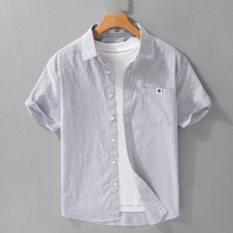 2026 New Summer Men's Oxford Striped Short-Sleeve Shirt Trendy Casual Loose Versatile Fresh Half-Sleeve Shirt 2026 New Summer Men's Oxford Striped Short-Sleeve Shirt Trendy Casual Loose Versatile Fresh Half-Sleeve Shirt