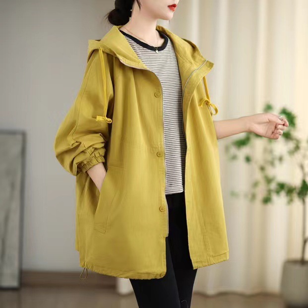 Vintage Cotton Hooded Coat Windbreaker for Women with Drawstring, Loose Fit, Plus Size Casual Solid Color Cardigan