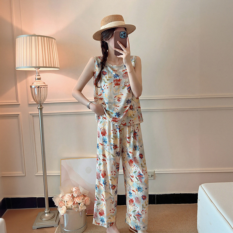 Artificial Cotton Vest Set for Women, Summer Loose Sleeveless Air-Conditioned Home Wear, Thin Floral Long Pants, Cotton Silk Pajamas and Sleep Pants