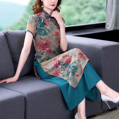 Cheongsam impression in same summer new tide of female temperament dress fashion, cultivate one morality show thin acetic acid emulation silk Chinese Dresses Qipao for women 